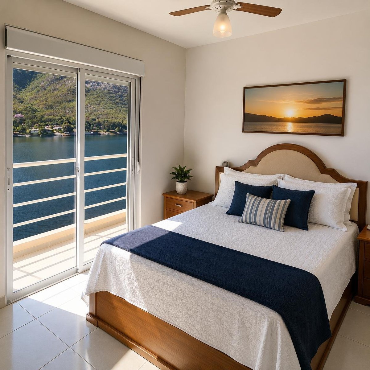 Quarto claro com cama de casal, roupa de cama branca e vista para a água pelas portas de vidro